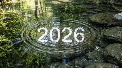 Ultra-realistic 8K photograph of the number &ldquo;2026&rdquo; appearing as a reflection in gently rippled clear water. Minimal, clean and sustainable composition ideal for modern commercial use.
