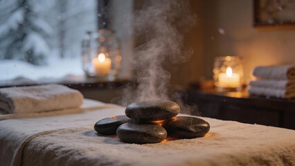 Relaxing hot stones creating steam in a cozy winter spa  