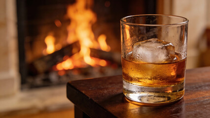 Warm whiskey glass beside a roaring fireplace  