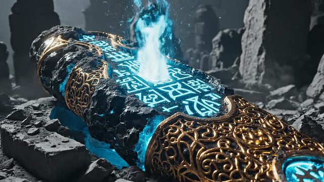 Mystical ancient artifact with glowing blue energy and ornate gold carvings rests in a rocky ruin