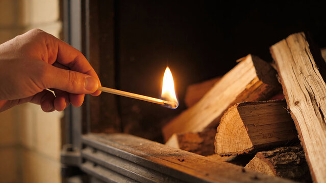 Hand lighting a match to ignite firewood in a cozy fireplace  