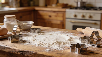 Baking tools and ingredients scattered on a wooden kitchen table  