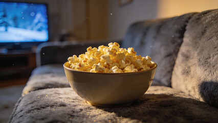 Cozy winter movie night with popcorn in a bowl on the couch  