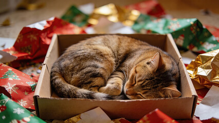 Cat sleeping peacefully in a box surrounded by festive wrapping paper  