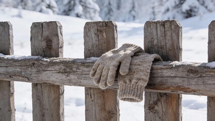 Cozy gloves resting on a wooden fence in a snowy winter landscape  