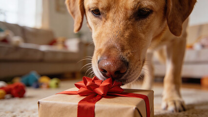 Dog curiously sniffing a wrapped holiday gift in a cozy living room  