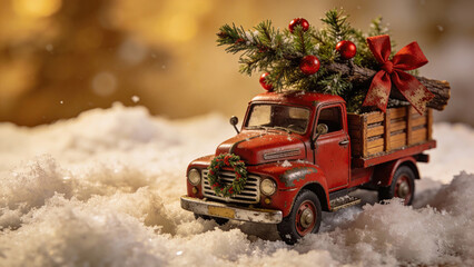 Vintage red truck carrying Christmas tree decorations in snow  