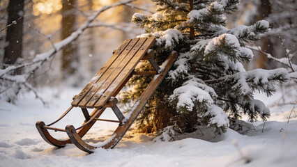 Wooden Sled Resting in a Snowy Forest During Winter  