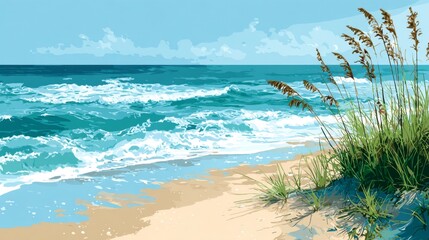 Coastal Serenity Ocean Waves Meet Sandy Beach  Dune Grass.