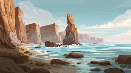 Coastal cliffs meet turquoise sea in serene illustrated landscape.