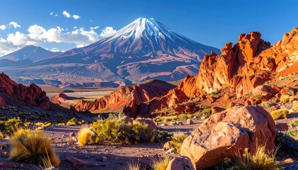 Scenic View of Licancabur Volcano and Rugged Landscape in Atacama Desert