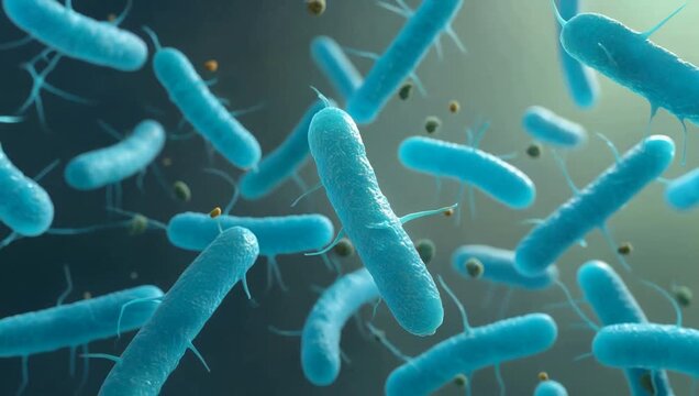 Blue rodshaped bacteria under microscope