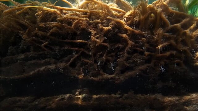 Underwater algae aquatic plant brown seaweed water texture underwater scene marine growth organic pattern nature background soft focus abstract nature view underwater seagrass meadow root aquatic