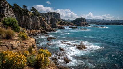 Rugged Coastline Oasis Turquoise Sea Meets Golden Bloom Cliffs.