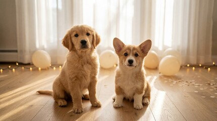 Two playful puppies on a light wooden floor with soft natural sunlight streaming through sheer curtains. Calm New Year morning, warm and cozy atmosphere, candid and joyful moment.
