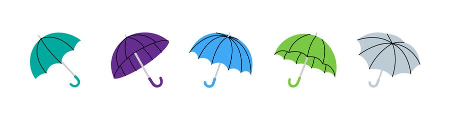 Colorful umbrella collection with purple, blue, green, teal, and gray, minimalist vector art for rain protection © Lifeking