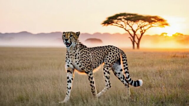 Cheetah running freely in savannah at sunset with acacia trees