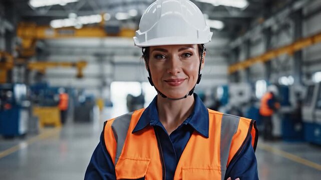 Woman Engineer in Factory - Safety First, Hard Hat, and Orange Vest.