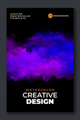 Bright purple vector colorful watercolor on vertical black A4 background for booklet or brochure