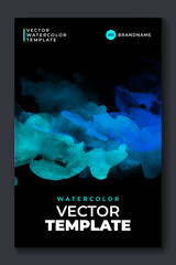 Bright cyan vector colorful watercolor on vertical black A4 background for booklet or brochure