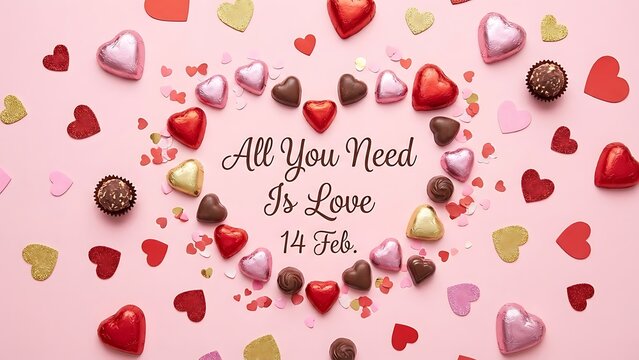 valentines day chocolates and hearts on pink background - Powered by Adobe