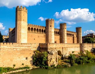 Grand medieval castle rises, reflecting light, nestled near waters under a blue, cloudy sky