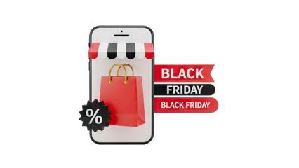 Black Friday Sale on Mobile Phone with Shopping Bag and Discount on transparent background