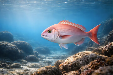 岩礁の海底を泳ぐ真鯛のリアルフォト