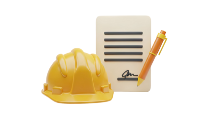 Construction safety helmet, contract and pen on transparent background