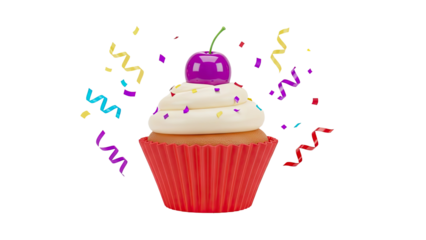 Cupcake with cream frosting, cherry and confetti on transparent background