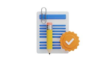 Document with Pencil and Checkmark Badge Icon on transparent background
