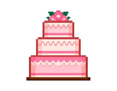 Pixelated three-tiered pink cake with floral decoration on top