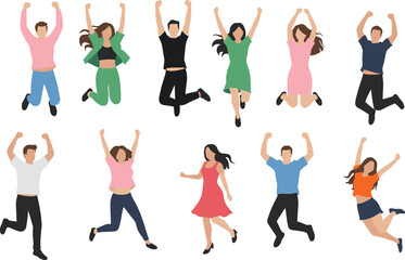 Happy jumping people celebrating success vector illustration set with men and women in energetic poses flat style
