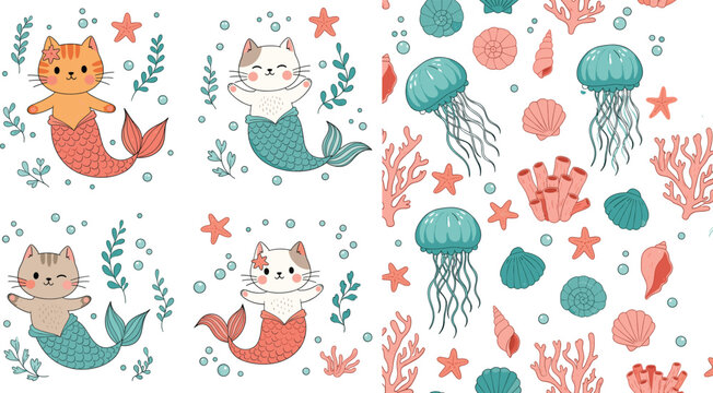 Cute cat mermaid characters with ocean elements vector set in pastel cartoon style for kids nursery design