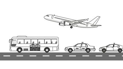 Airplane flying over bus and taxis on road, transportation concept © Eva