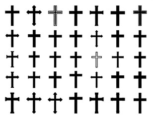 Graphic art Various Christian cross shapes/styles in a grid layout, black on white