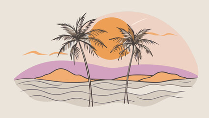 Tropical sunset with palm trees isolated on white background