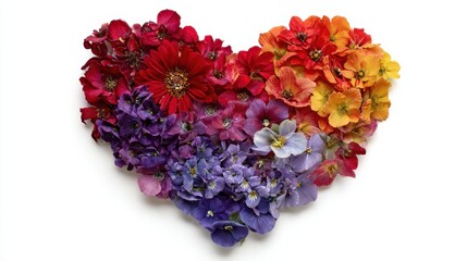 Colorful heart shaped flower arrangement on white background