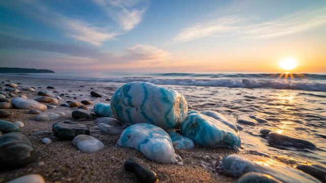 Unique Larimar Stones Gleam on a Sandy Beach Shoreline at Sunrise