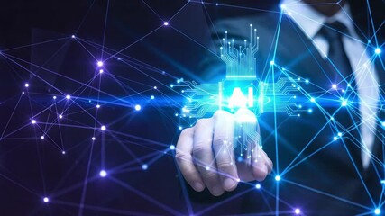 Businessman selecting digital growth arrow with data network
