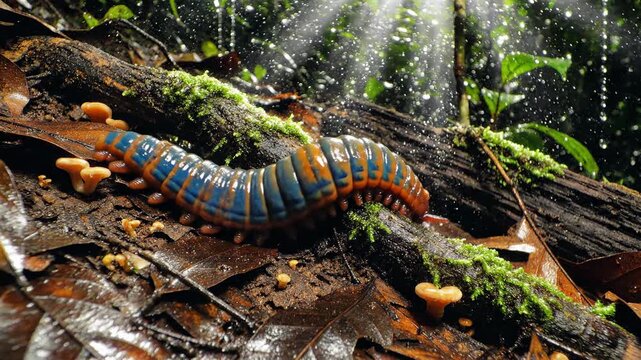 Vibrant blue and orange millipede crawls across mossy log in dappled rainforest sunlight