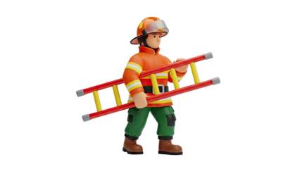 Cartoon Firefighter Holding a Ladder on transparent background