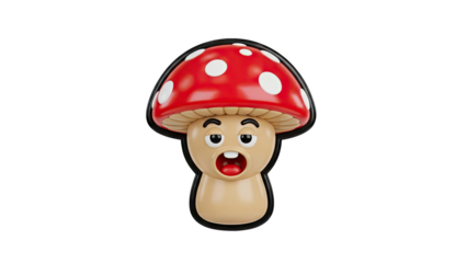 Cartoon mushroom character with surprised expression on transparent background