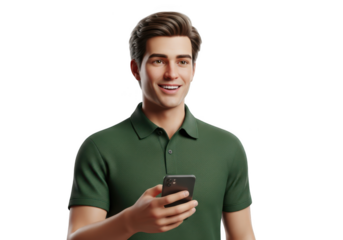 Young man in green shirt holding smartphone isolated on transparent background