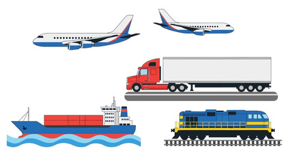 Diverse transportation vehicles: airplane, truck, ship, and train © Eva