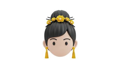 Cartoon Woman Face with Flowers in Hair and Tassel Earrings on transparent background