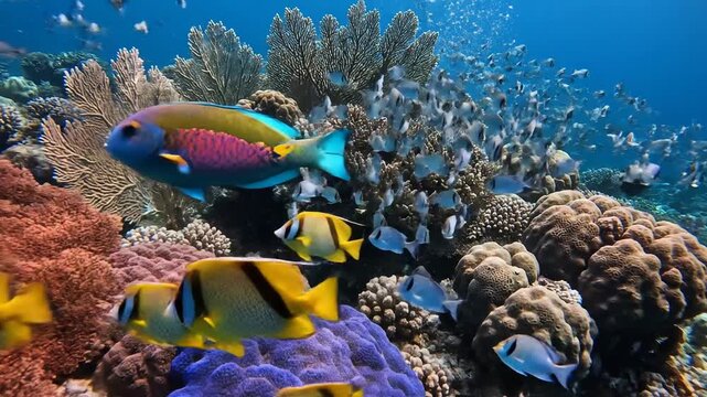 Vibrant coral reef teeming with colorful exotic fish and marine life in clear blue ocean waters