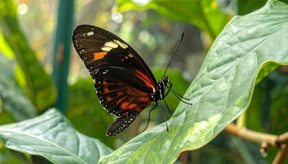 Fototapeta premium Striking Tiger Longwing Butterfly Resting Peacefully on Lush Green Leaf in Nature