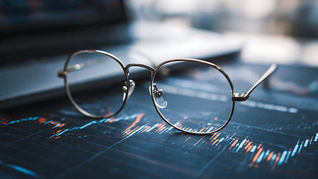 Eyeglasses resting on a screen displaying financial stock market data