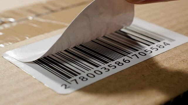 Peeling sticker with barcode on cardboard surface macro shot